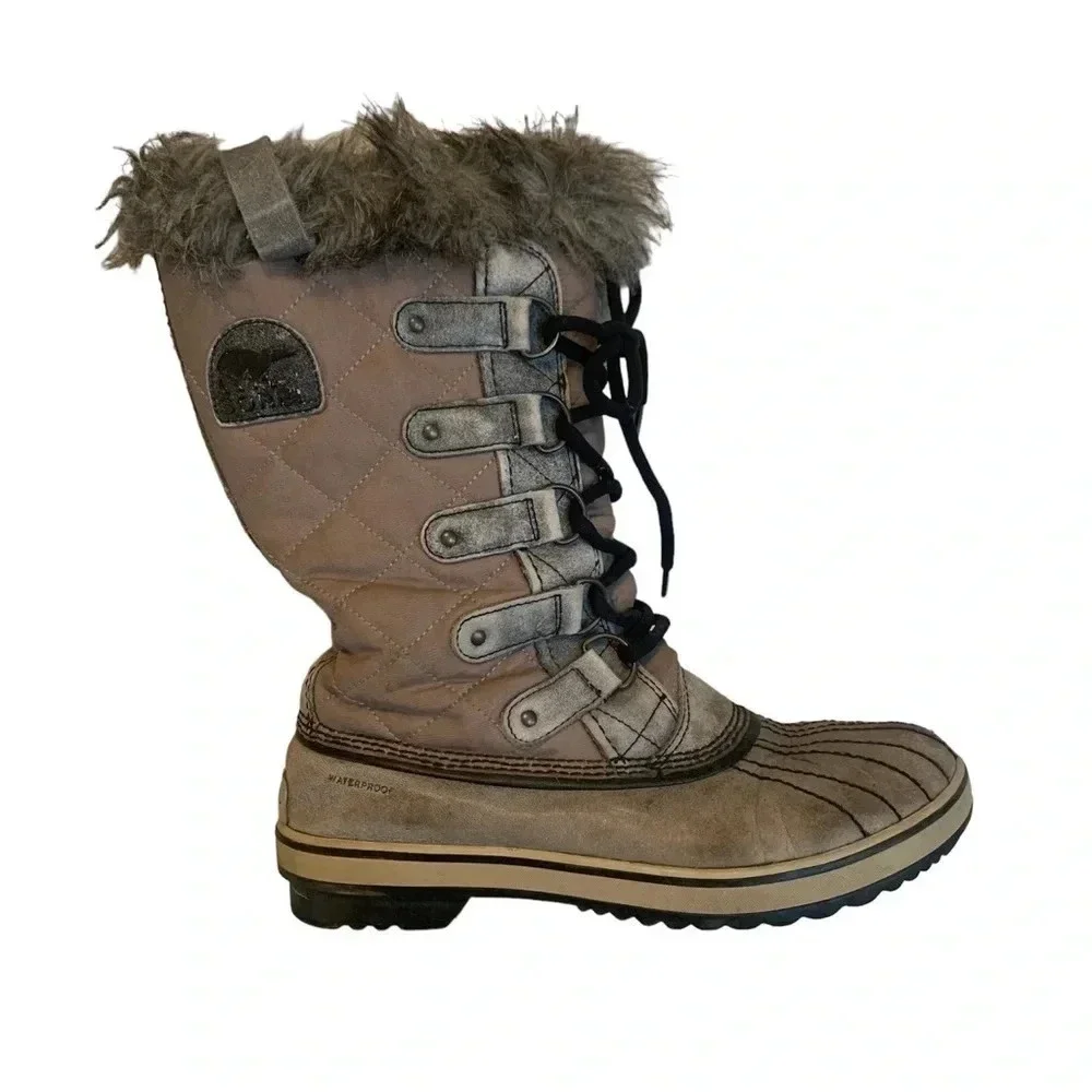 Sorel Leather Tofino Winter Quilted Factory Distressed Style Faux Fur Boots - Picture 1 of 11